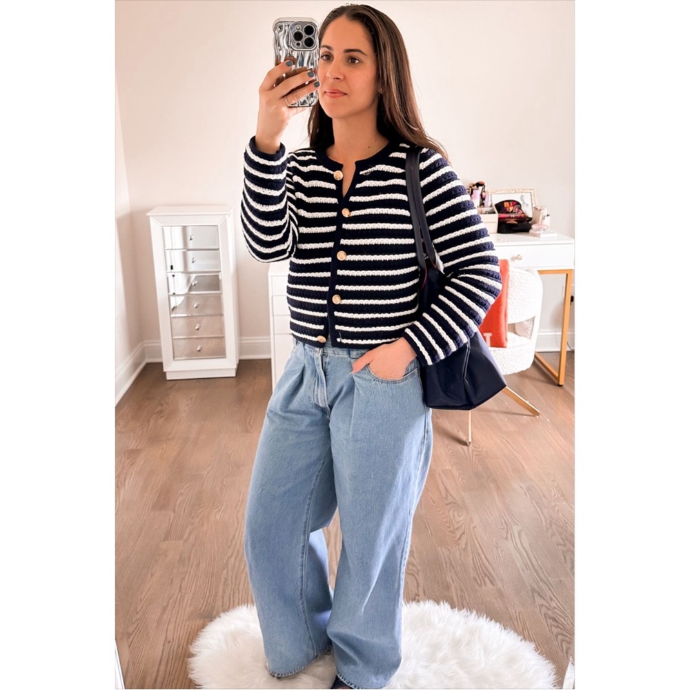 GAP | Navy and Cream Striped Cardigan with Gold Buttons - Picture 2 of 5